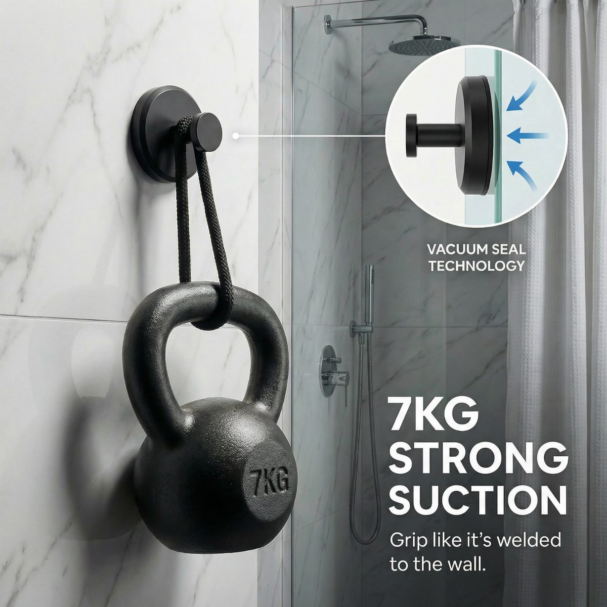 ROHA suction hook holding 7KG kettlebell on marble wall